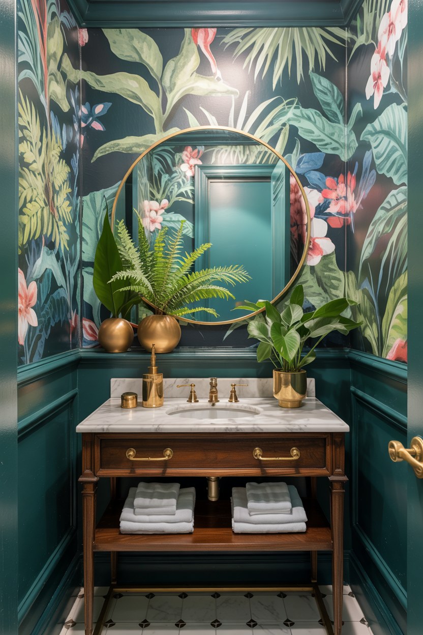 Dark Moody Bathroom Decor Ideas with Tropical Wallpaper Designs