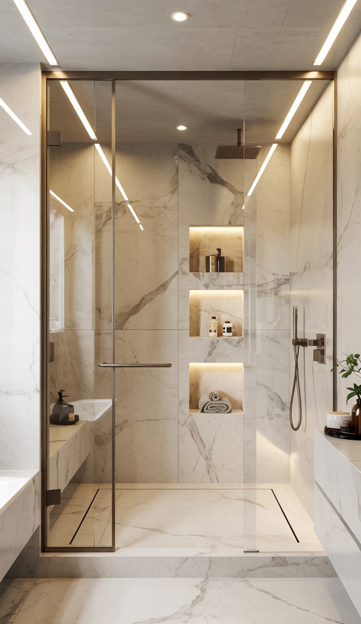 Modern Luxury Bathroom Design with Marble Shower and LED Lighting Ideas