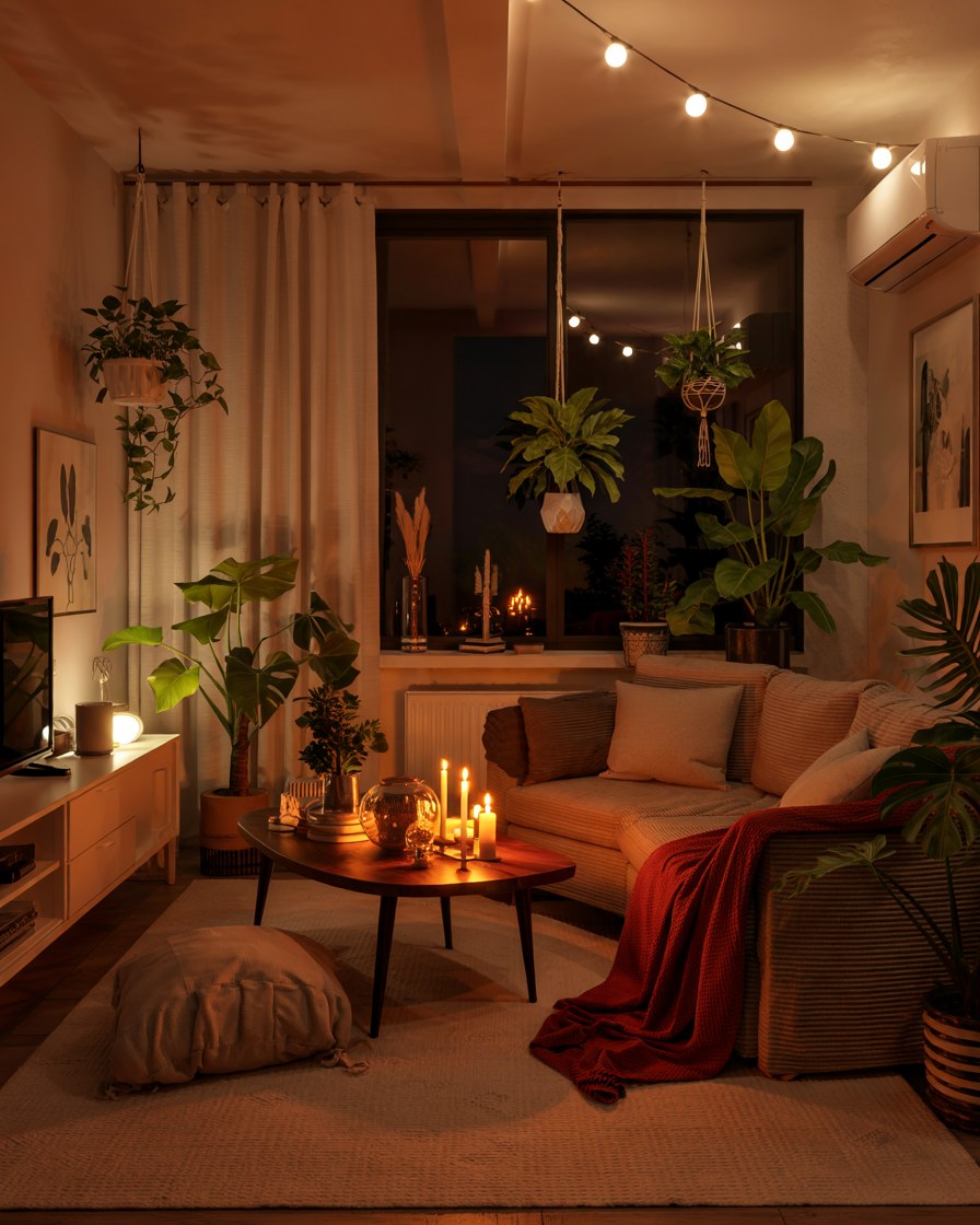 Cozy Earthy Living Room Ideas with Plants and Warm Lighting