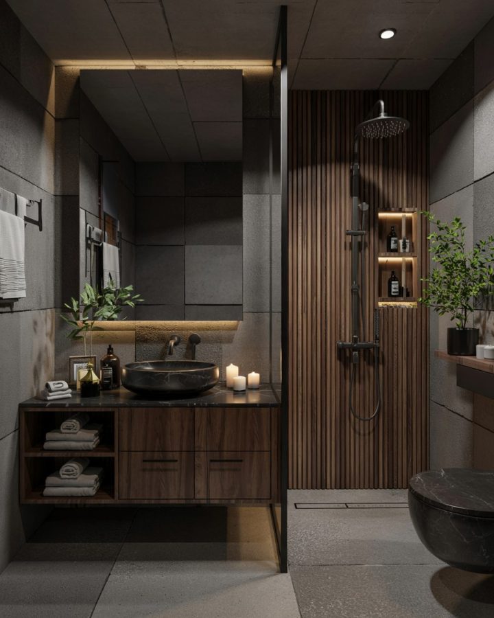 Luxury Modern Bathroom Design with Black Marble and Wood Accents
