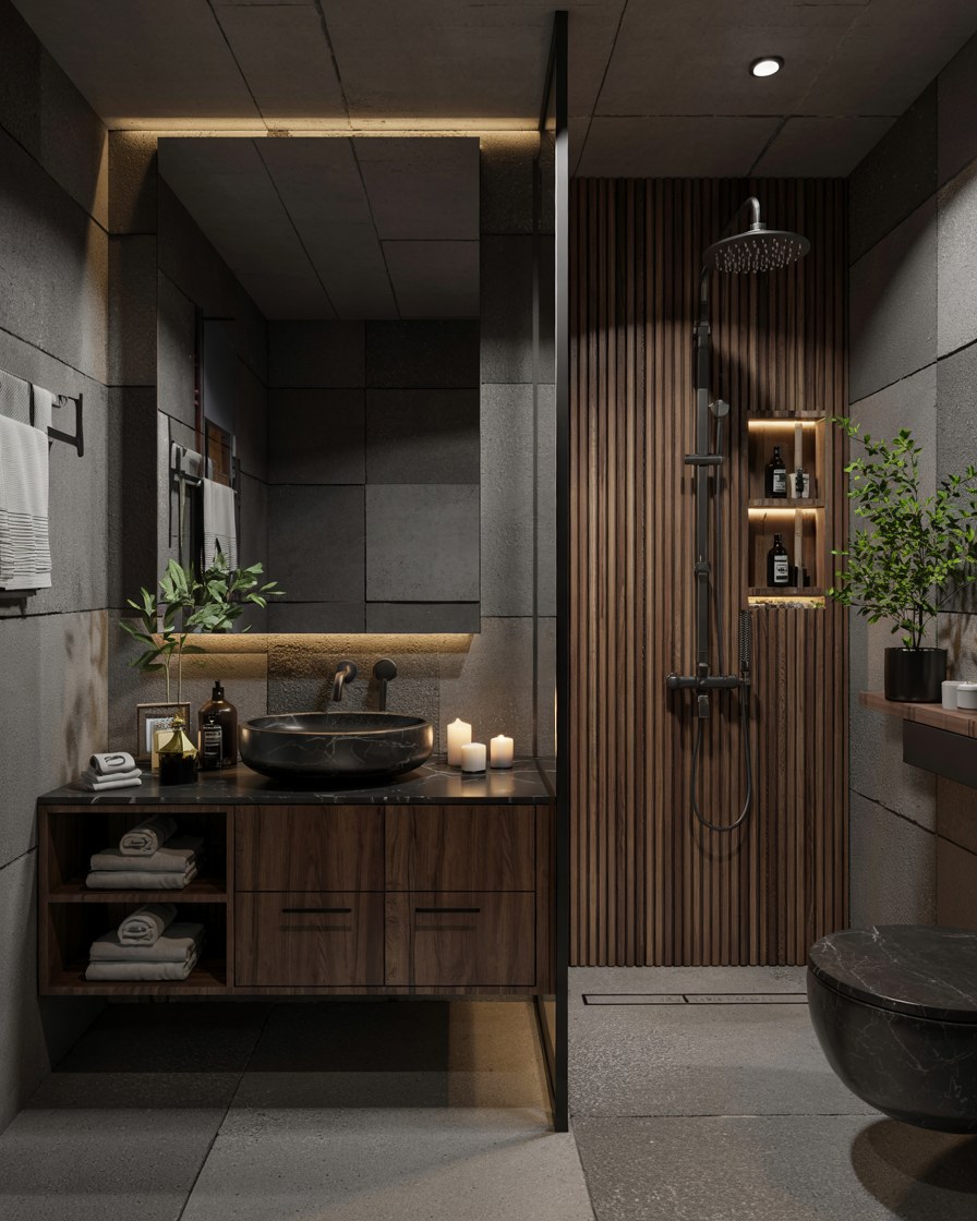 Luxury Modern Bathroom Design with Black Marble and Wood Accents