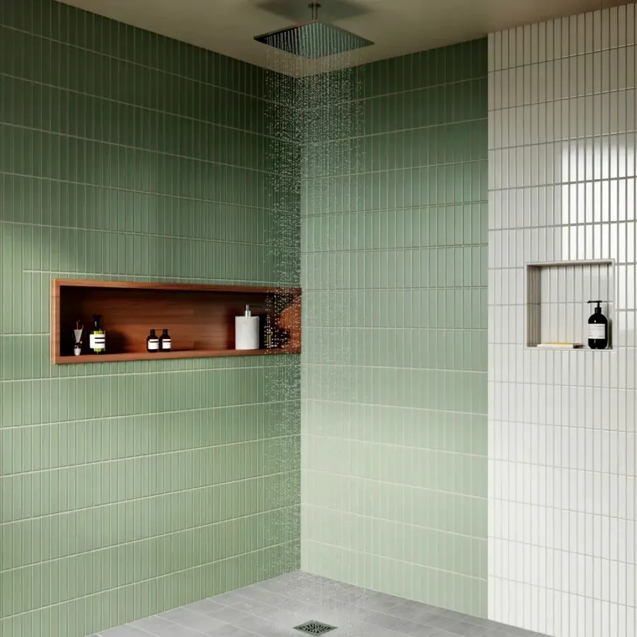 Budget Bathroom Tile Ideas: Sage Green Vertical Shower with Wood Shelf