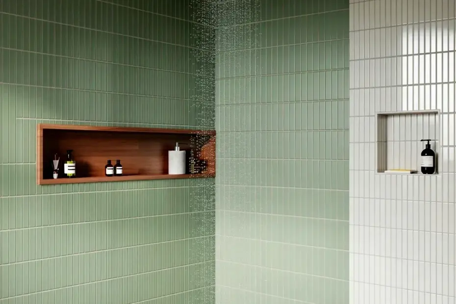Budget Bathroom Tile Ideas: Sage Green Vertical Shower with Wood Shelf