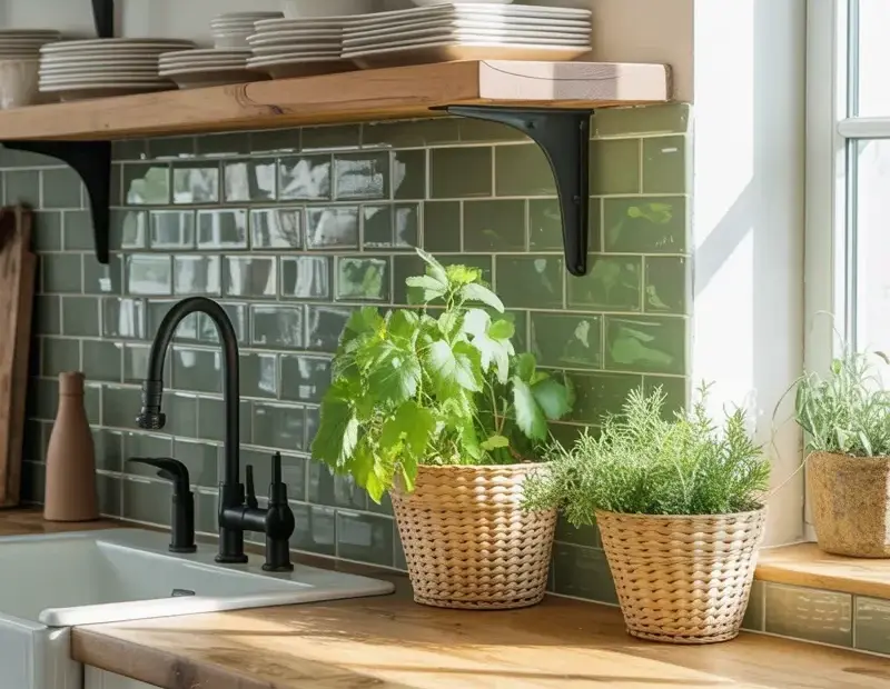 Modern Farmhouse Kitchen Shelves with Sage Green Subway Tile Backsplash