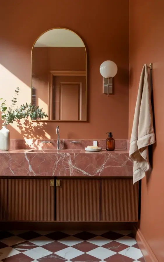 Terracotta Bathroom with Checkered Marble Tile Floor and Arched Brass Mirror
