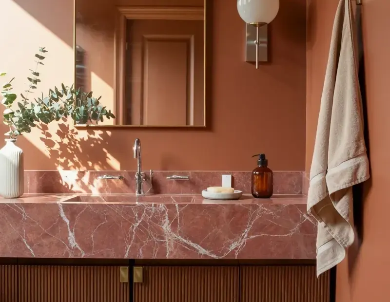 Terracotta Bathroom with Checkered Marble Tile Floor and Arched Brass Mirror