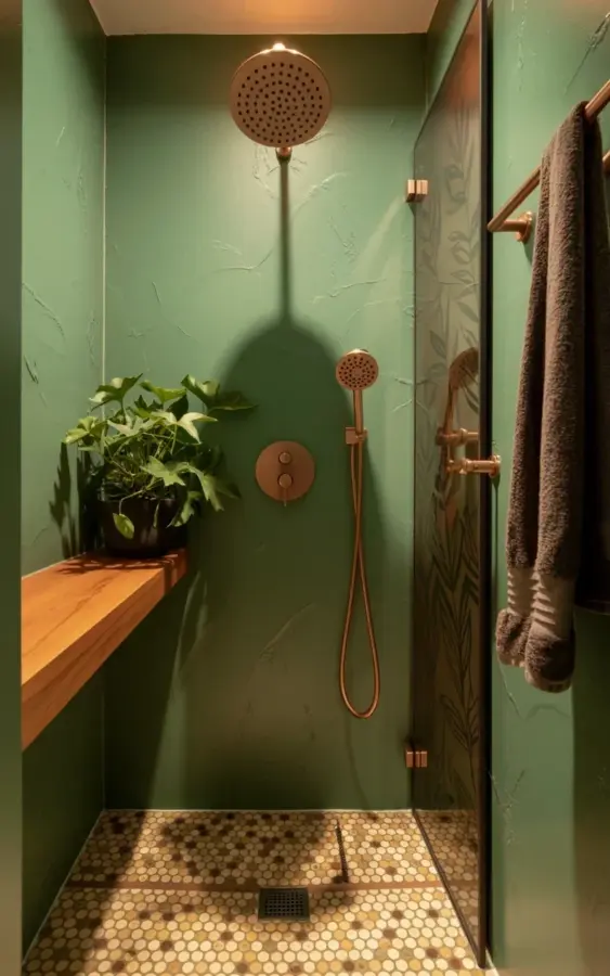 Luxury Shower Ideas on a Budget - Sage Green Tiles & Copper Rain Head