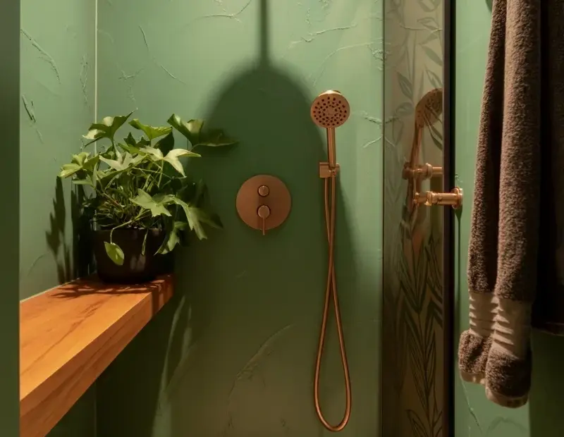 Luxury Shower Ideas on a Budget - Sage Green Tiles & Copper Rain Head